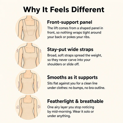 Why it feels different: front-support panel, stay-put wide straps, smooths as it supports, featherlight and breathable