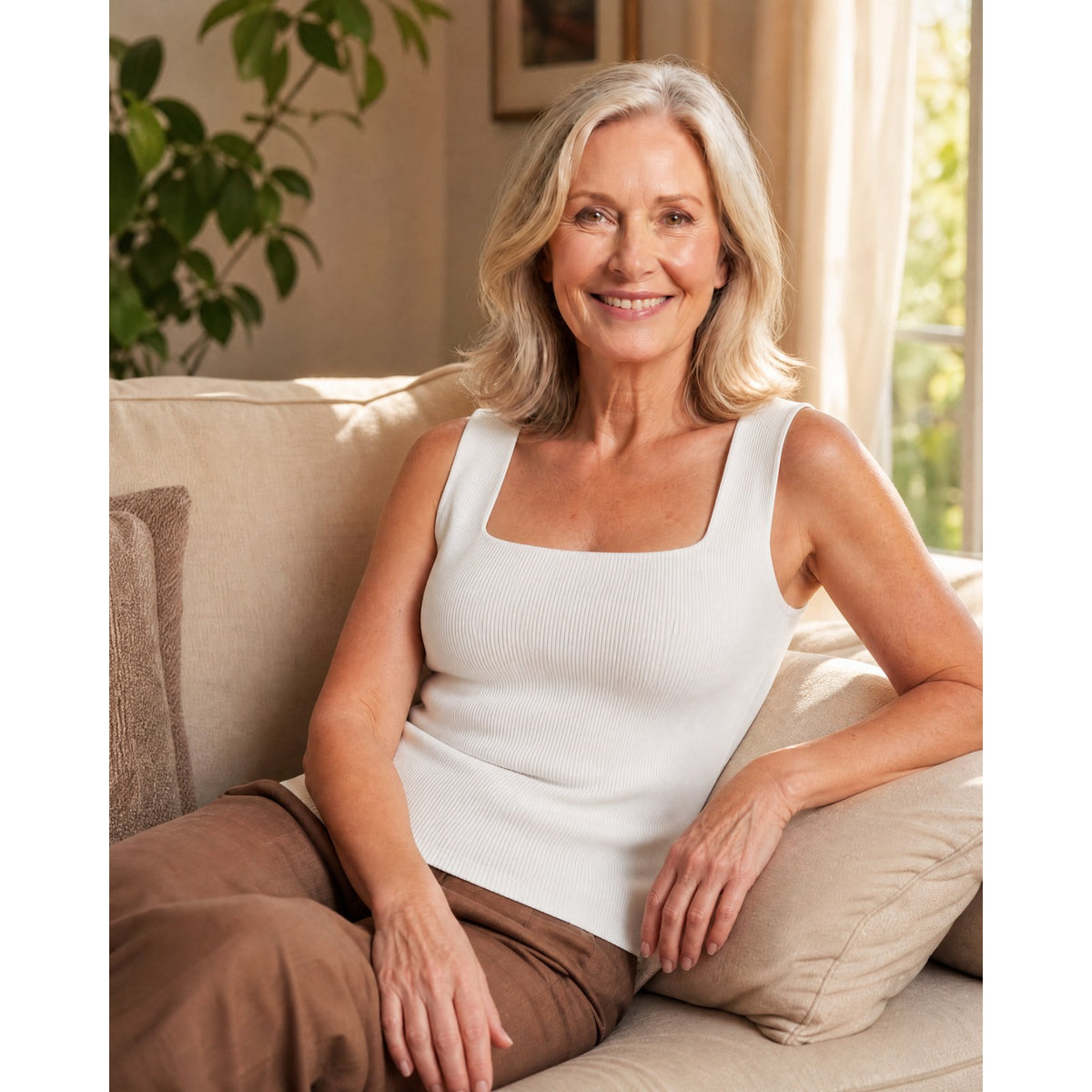 A woman relaxing on a sofa in the Pomence Front-Support Bra Tank in White