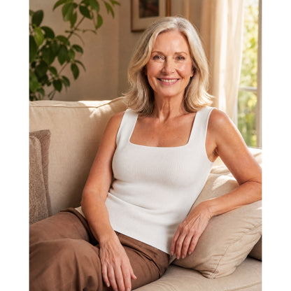 A woman relaxing on a sofa in the Pomence Front-Support Bra Tank in White