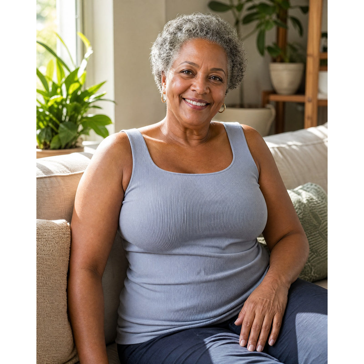 A woman relaxing on a sofa in the Pomence Front-Support Bra Tank in Blue