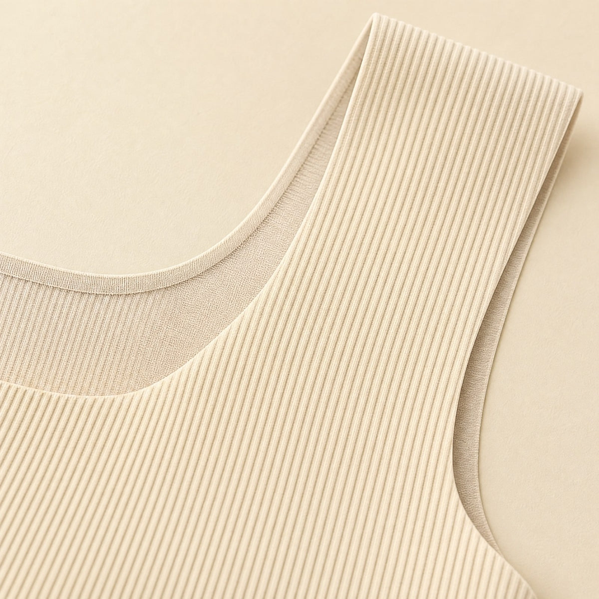 Close-up of the soft ribbed fabric and wide strap of the Pomence Front-Support Bra Tank