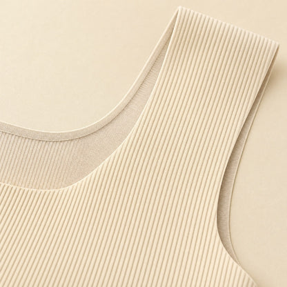 Close-up of the soft ribbed fabric and wide strap of the Pomence Front-Support Bra Tank