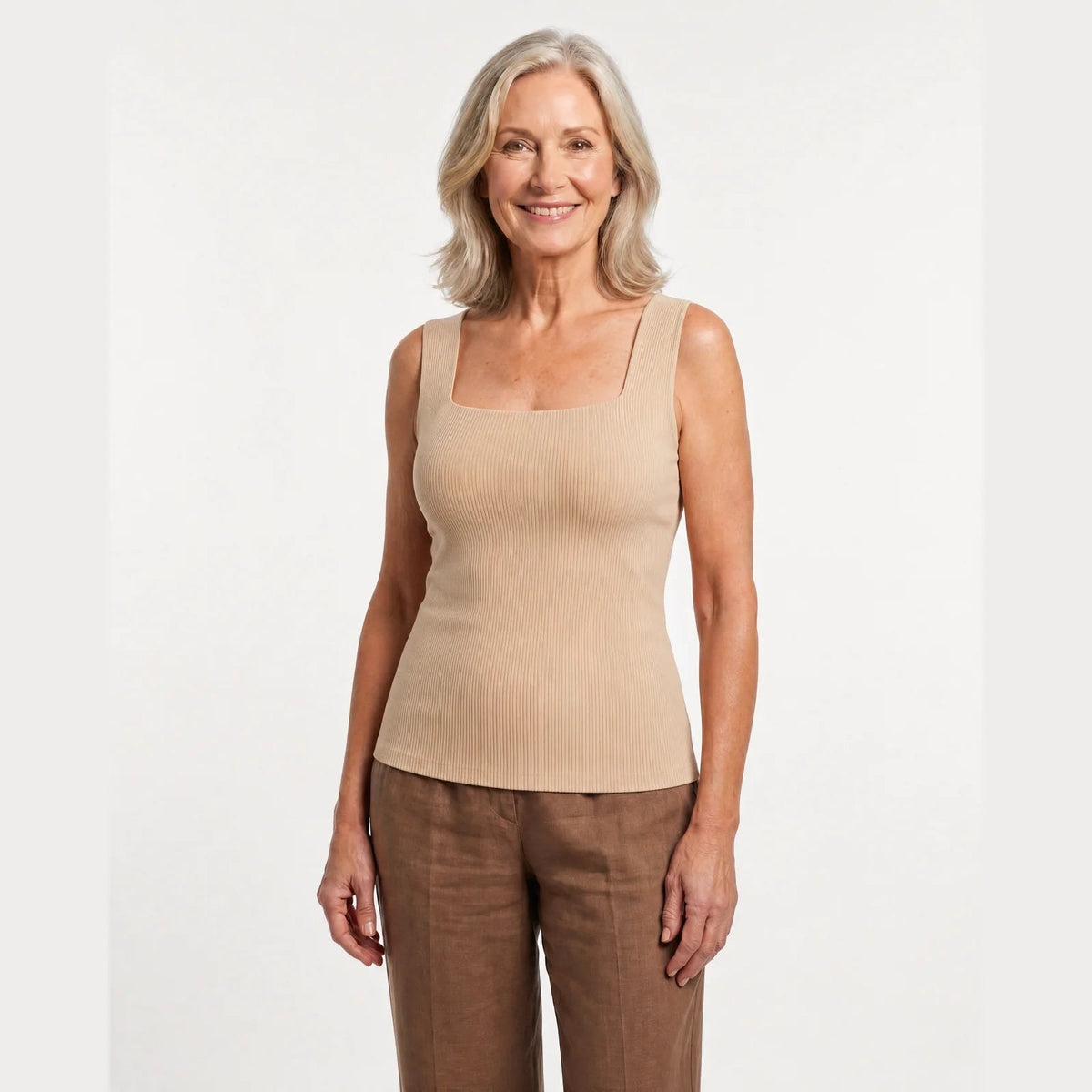The Pomence Front-Support Bra Tank in Beige, front view