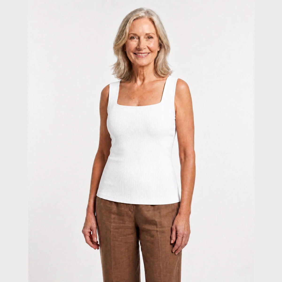 The Pomence Front-Support Bra Tank in White, front view