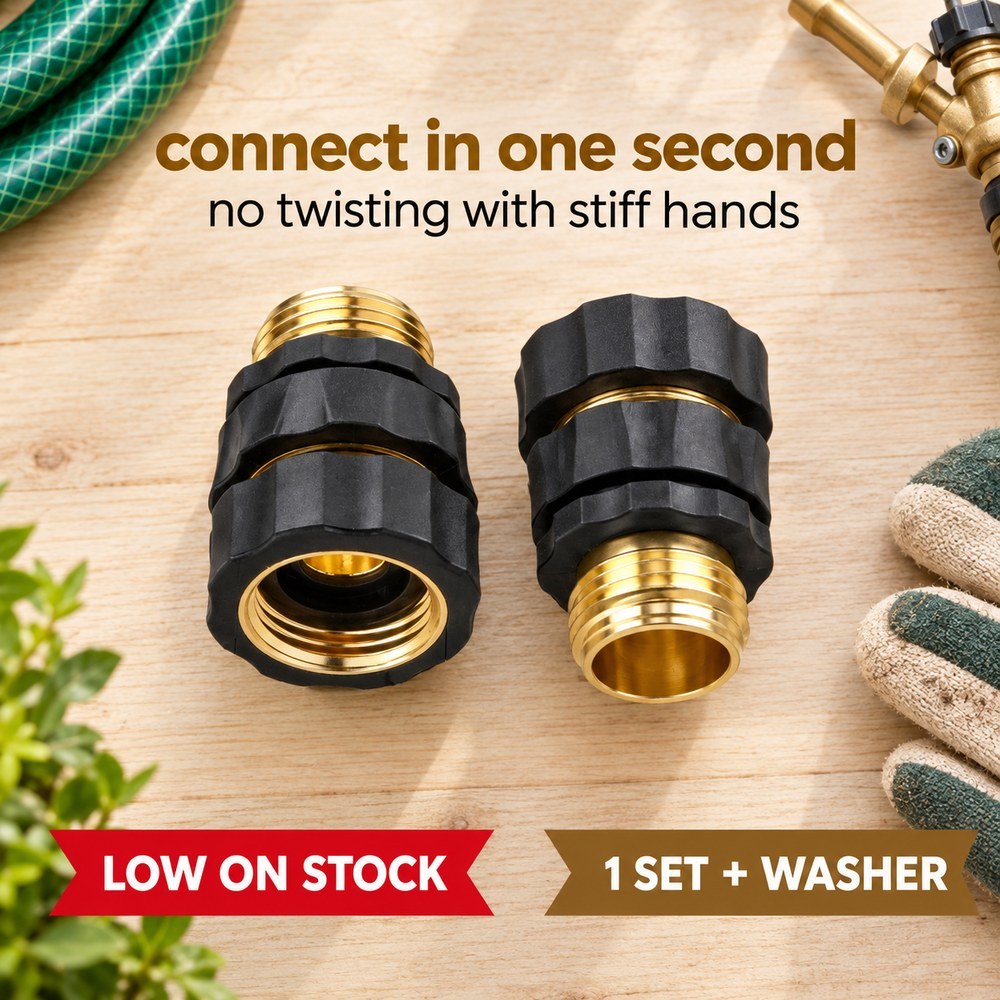 Garden hose quick connect set on a pale wood bench: the black grip collar female socket and the gold tone male plug, one set plus a washer