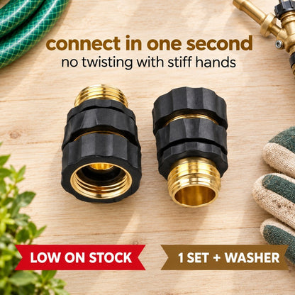 Garden hose quick connect set on a pale wood bench: the black grip collar female socket and the gold tone male plug, one set plus a washer