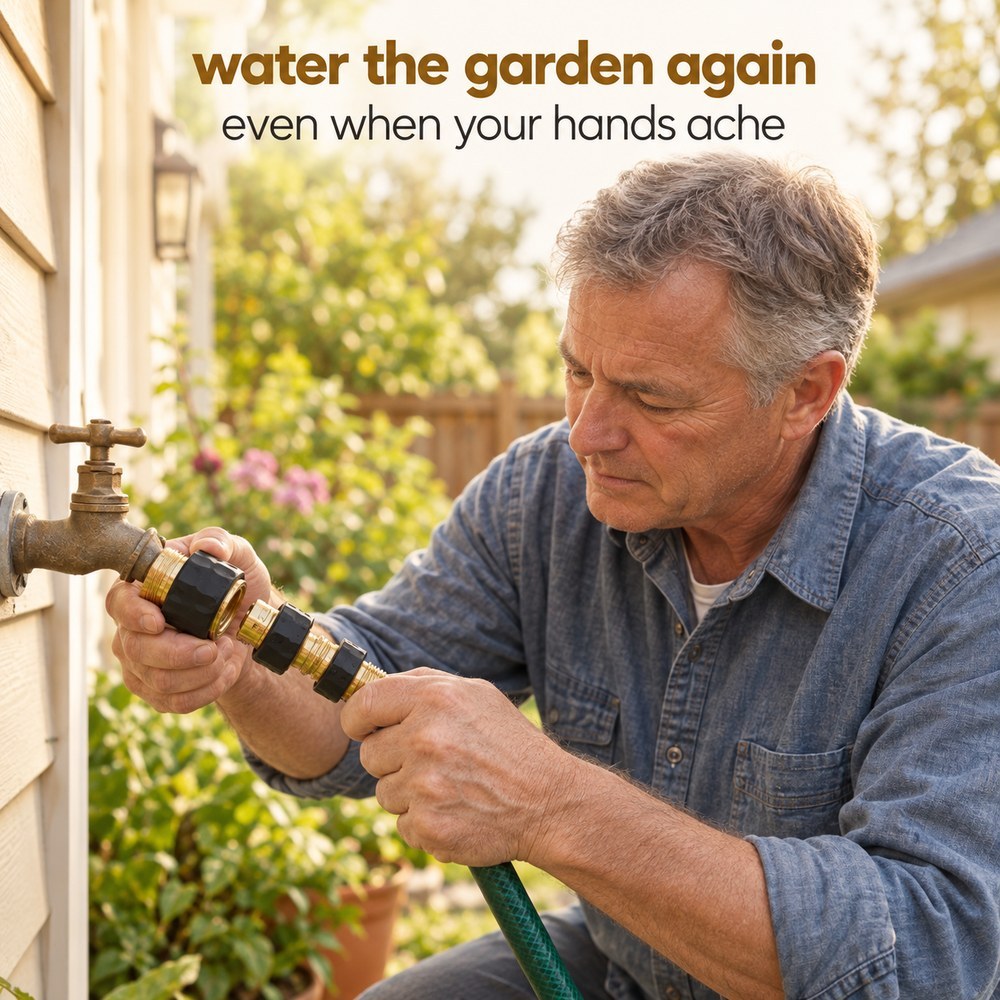 A man at an outdoor wall spigot clicking the garden hose quick connect onto a green hose