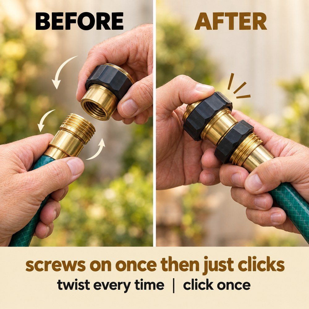 Before and after: twisting a threaded hose fitting by hand, then clicking the two quick connect pieces together