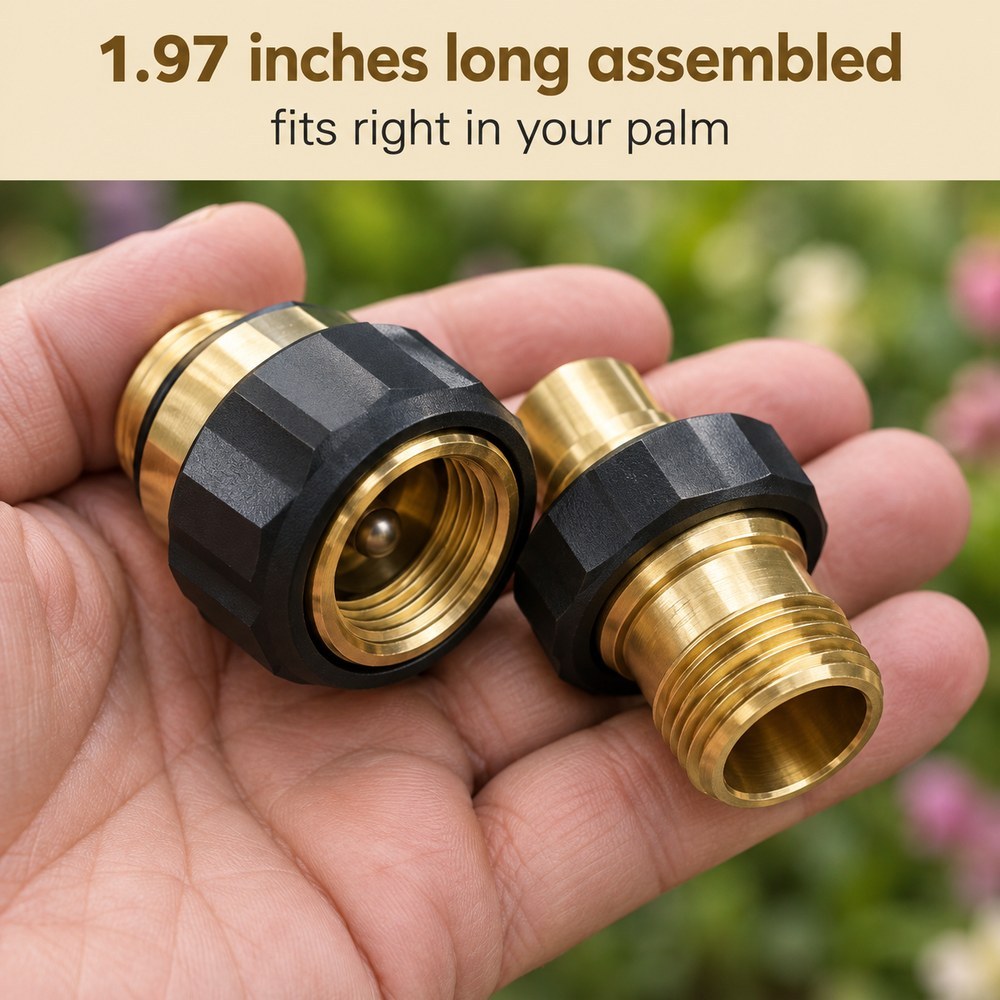 The garden hose quick connect set held in an open palm, about 1.97 inches long assembled