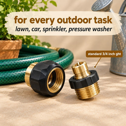 The garden hose quick connect set beside a coiled green hose and a watering can, standard 3/4 inch GHT thread