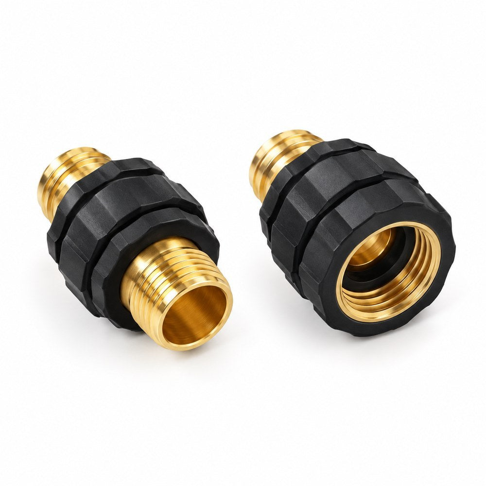 The garden hose quick connect set alone: the black grip collar female socket and the gold tone male plug, apart