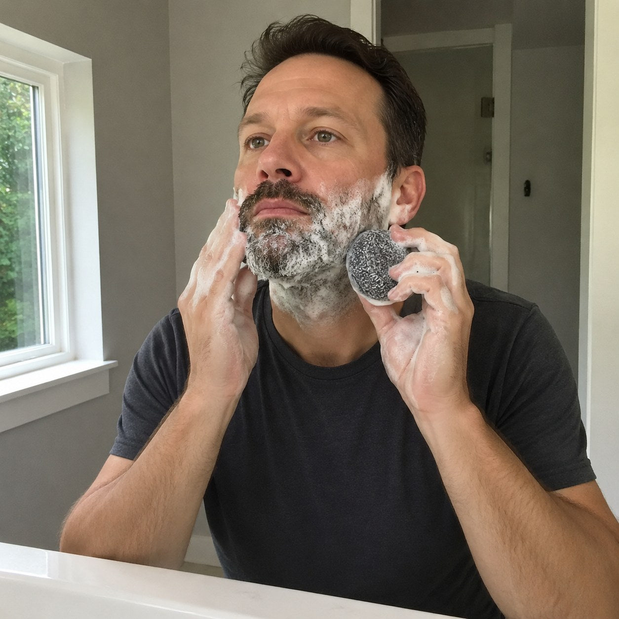 Man lathering the Pomence Gray Hair Soap Bar into his beard