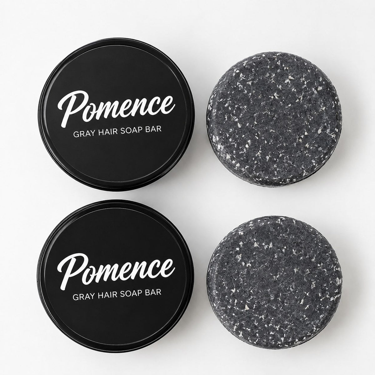 What's in the box: two Pomence Gray Hair Soap Bar tins and bars