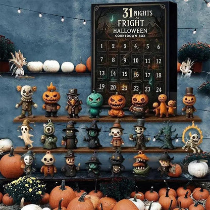Halloween countdown box on a shelf with string lights and pumpkins