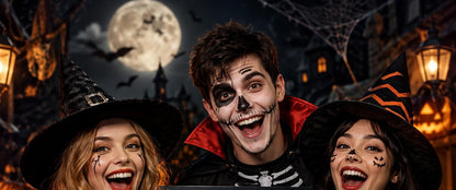 Halloween party lifestyle, costumed friends with the countdown calendar