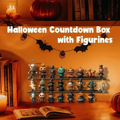 Halloween countdown box styled on a home bookshelf