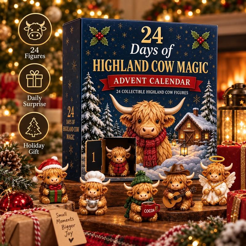 Pomence Highland Cow Advent Calendar, box open on day one with 5 figurines