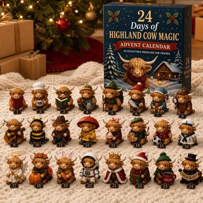 All 24 collectible highland cow figurines, numbered one through twenty-four