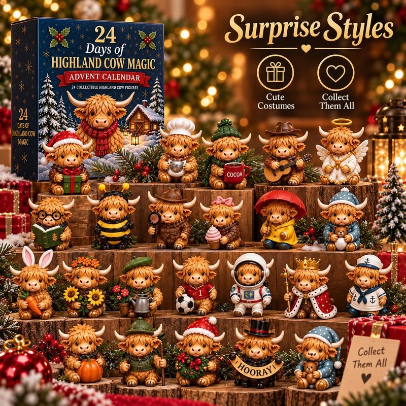 Highland cow figurines displayed on a tiered wood shelf, surprise styles