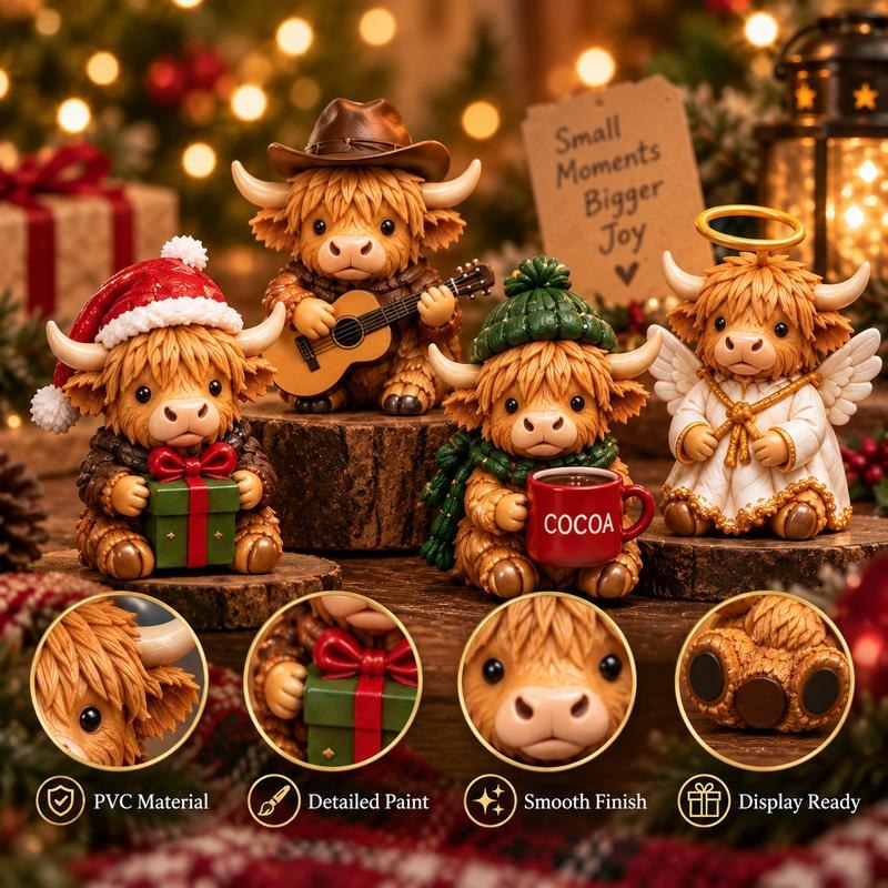 Close-up detail of the hand-painted PVC highland cow figurines