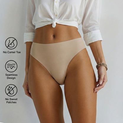 Pomence Invisible No-Show Thong in Sand, front view, with no camel toe, seamless design and no sweat patches icons