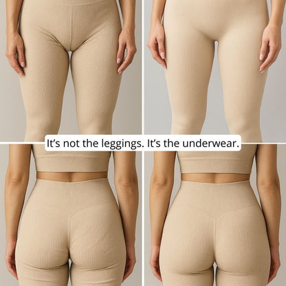 Before and after in beige ribbed leggings: it is not the leggings, it is the underwear