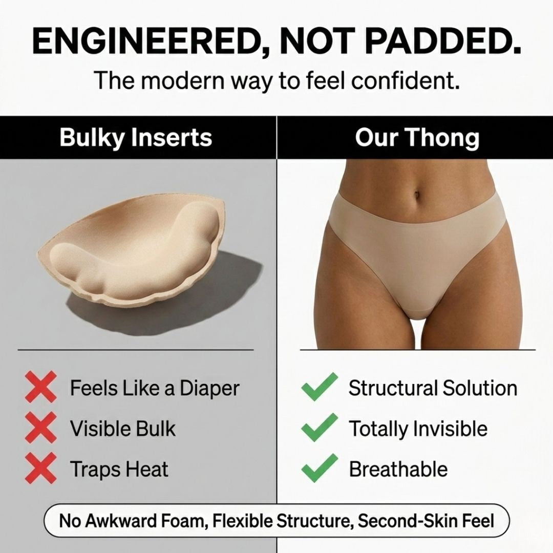 Comparison of a bulky foam insert and the Pomence Invisible No-Show Thong: structural, invisible, breathable