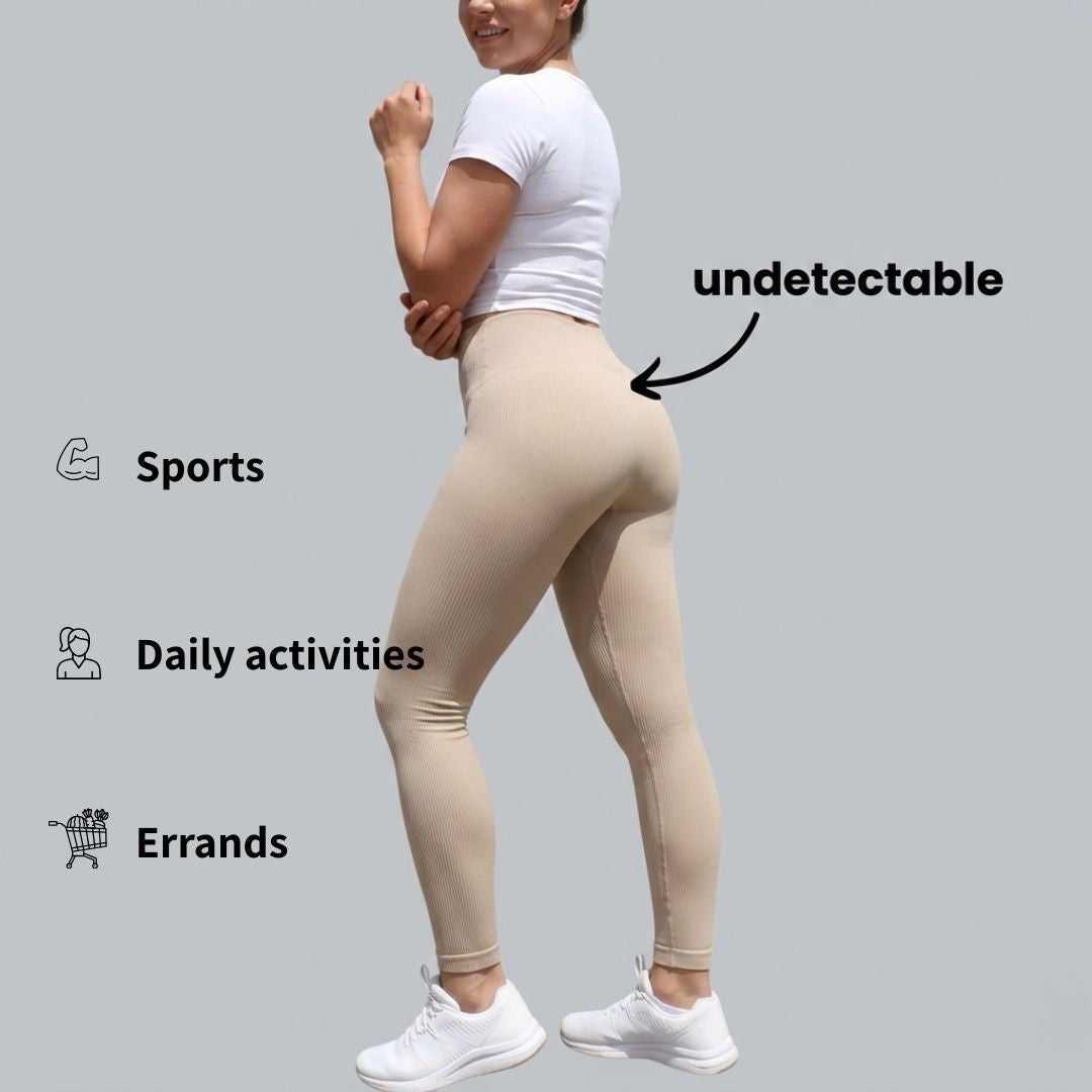 A woman in beige leggings with no lines showing, for sports, daily activities and errands
