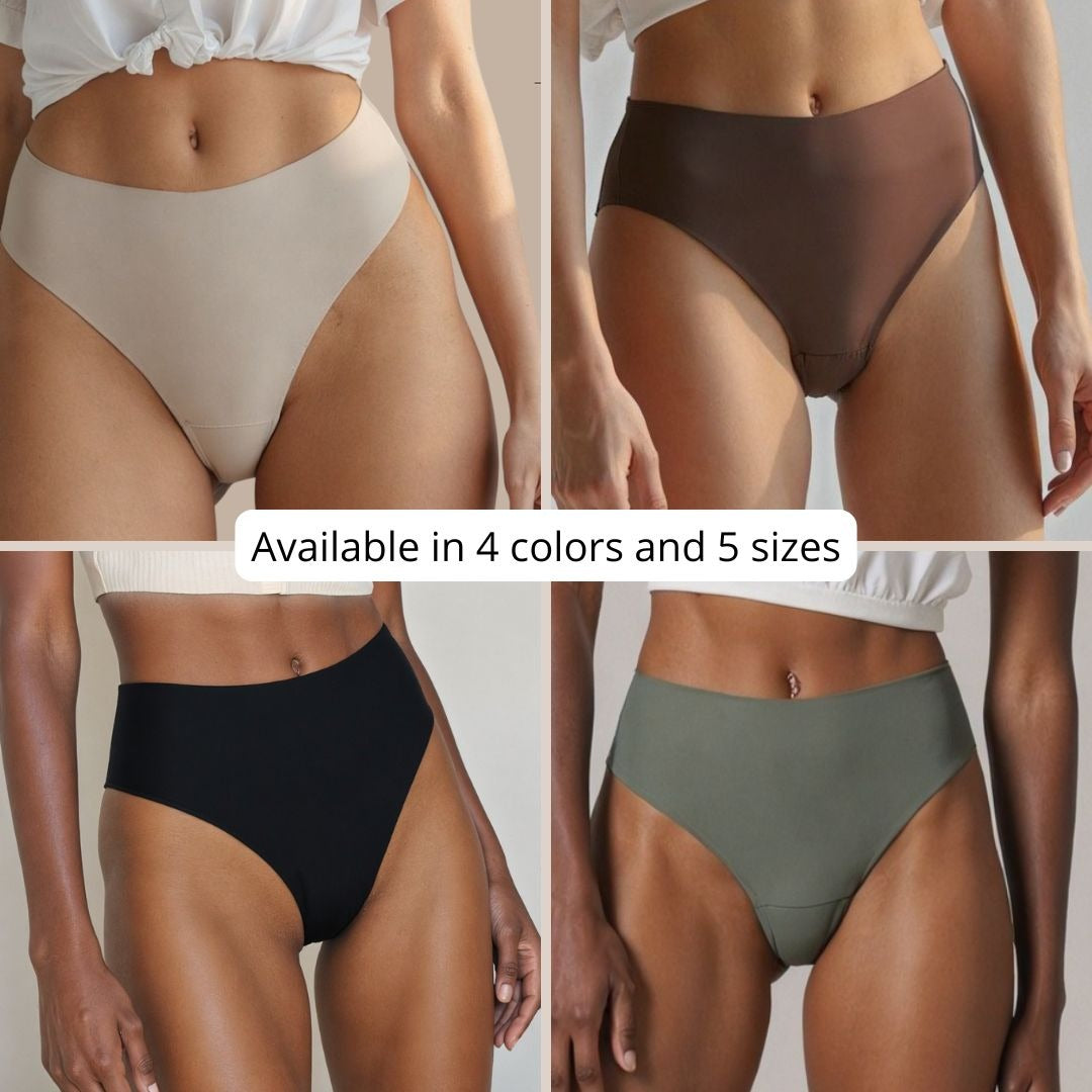 The Pomence Invisible No-Show Thong in Sand, Coffee, Black and Moss, available in four colors and five sizes