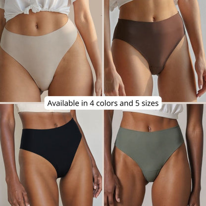 The Pomence Invisible No-Show Thong in Sand, Coffee, Black and Moss, available in four colors and five sizes