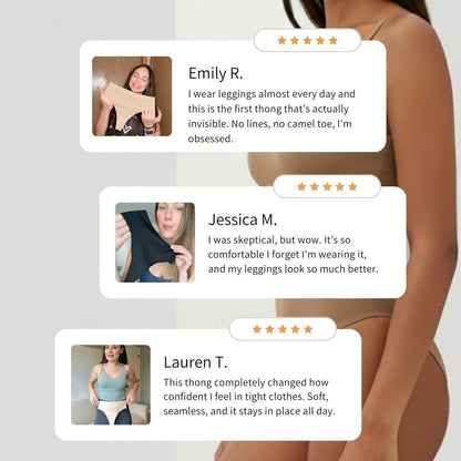 Three five-star customer cards about wearing the thong under leggings