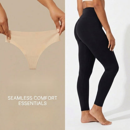 Two hands stretching the Pomence Invisible No-Show Thong in Sand beside black leggings with no lines