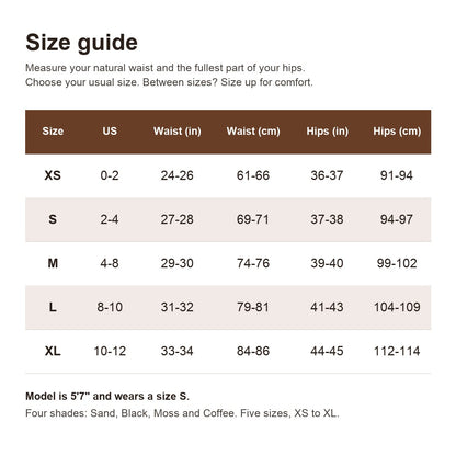 Pomence Invisible No-Show Thong size guide, XS to XL, waist and hips in inches and centimeters