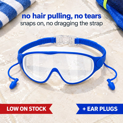 Pomence Kids Swim Goggles in Blue, one wide curved lens, soft silicone seal and a strap that unclips at the back