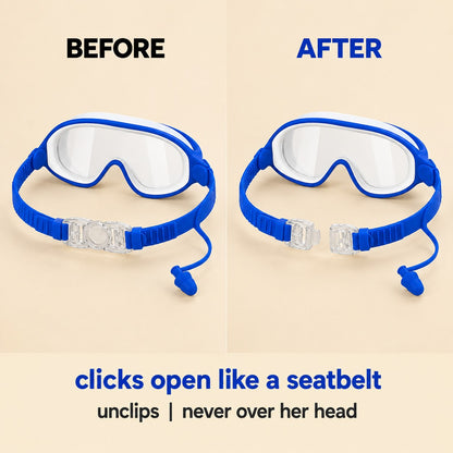 Before and after: the Pomence Kids Swim Goggles clasp closed, then clicked open in two pieces, so the strap never goes over the head