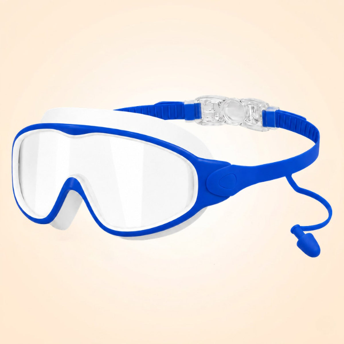 Pomence Kids Swim Goggles in Blue, three-quarter packshot showing the wide lens, the ribbed strap and the clear snap clasp