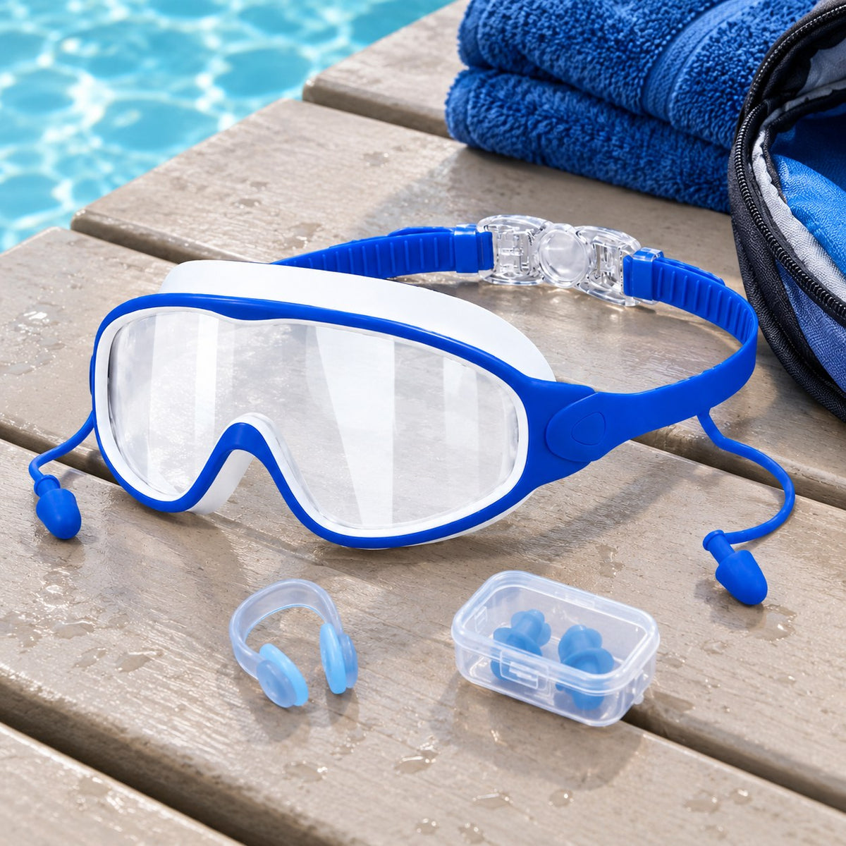 Everything in the box: the Pomence Kids Swim Goggles with the tethered ear plugs, plus the loose nose clip and the clear ear plug case