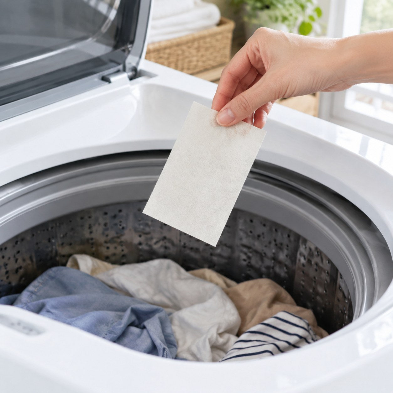 Dropping a Pomence Laundry Detergent Sheet into a top-loading washing machine