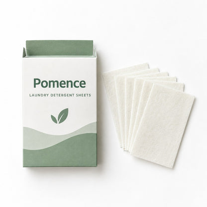 What's in the box: Pomence Laundry Detergent Sheets pack and a fanned stack of sheets