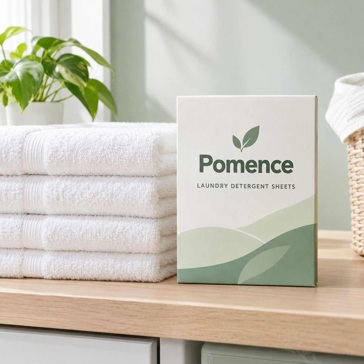 Pomence Laundry Detergent Sheets pack on a calm laundry-room shelf