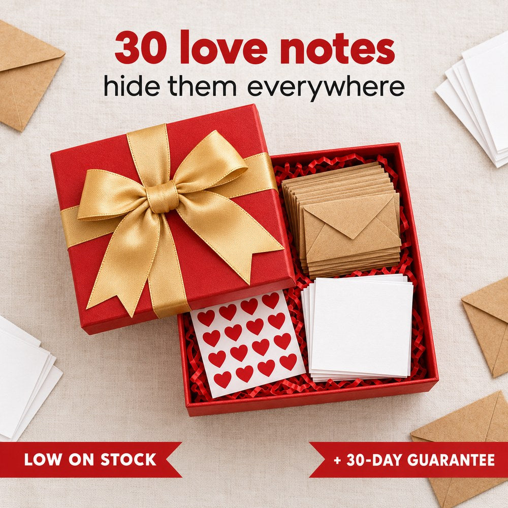 The Pomence Love Notes Gift Box open flat lay with 30 kraft envelopes, blank white notes and a sheet of red heart stickers