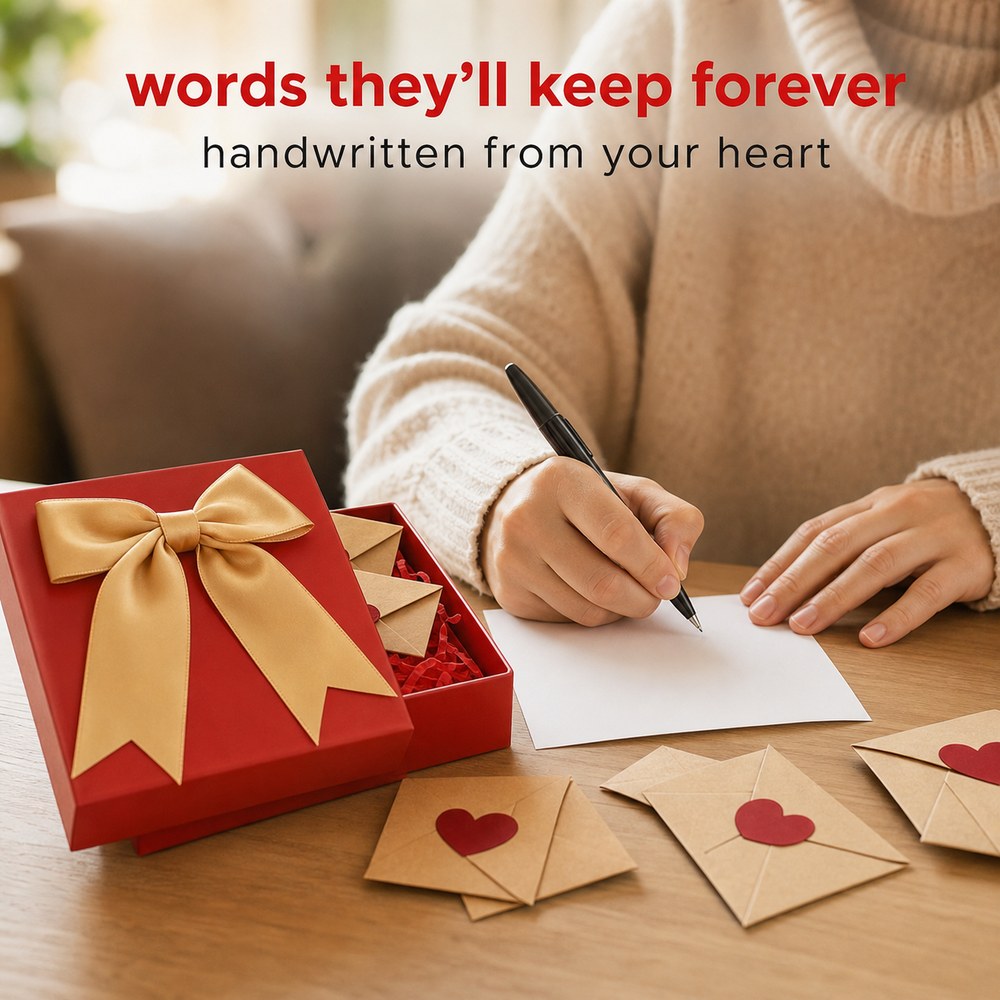 Hands writing a short note at a home table beside the red Pomence Love Notes Gift Box