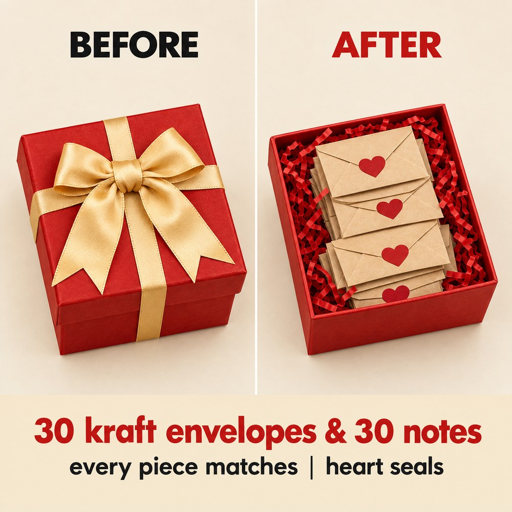 The Pomence Love Notes Gift Box closed with its gold bow and open showing kraft envelopes in red filler