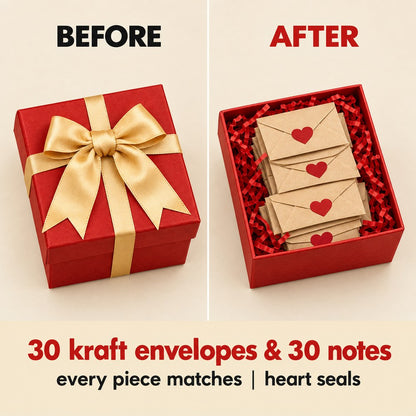The Pomence Love Notes Gift Box closed with its gold bow and open showing kraft envelopes in red filler