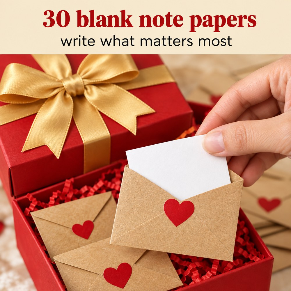A hand sliding a blank white note into one kraft envelope sealed with a red heart sticker