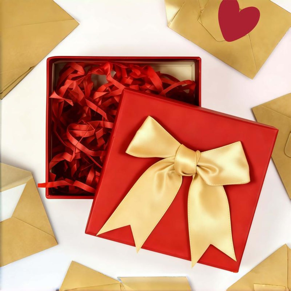 The red Pomence Love Notes Gift Box with its gold satin bow, red shredded filler and kraft envelopes