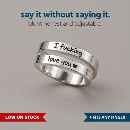 The Pomence I F♡cking Love You Ring flat lay, both engraved faces reading I fucking and love you