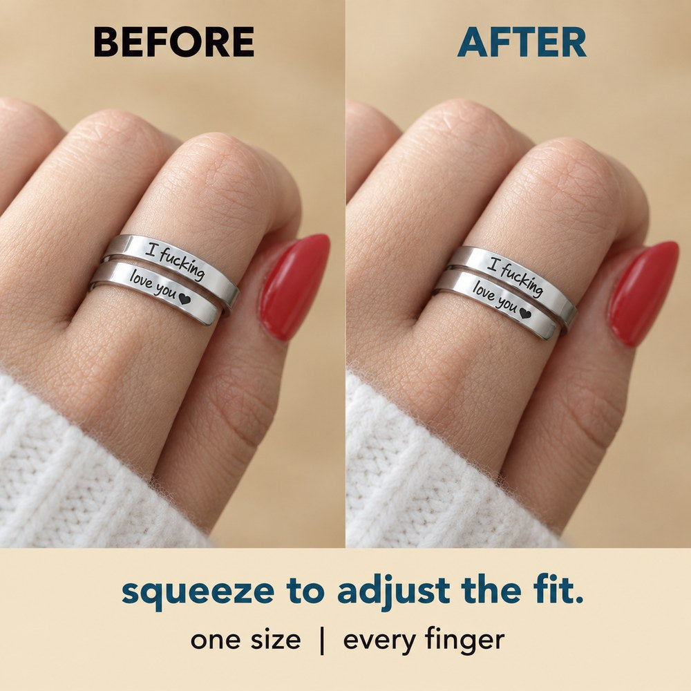 The Pomence I F♡cking Love You Ring shown open and then pinched closed to fit the finger