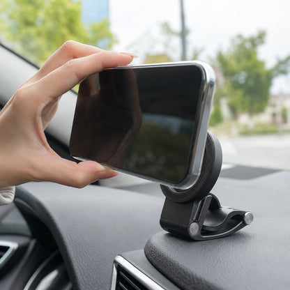Pomence™ Magnetic Car Phone Mount. Adjusting a mounted phone from portrait to landscape, 95 degree hinge