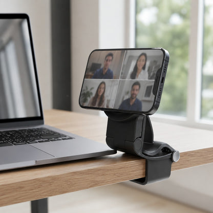 Pomence™ Magnetic Car Phone Mount. Clipped onto an office desk edge beside a laptop, phone on a video call